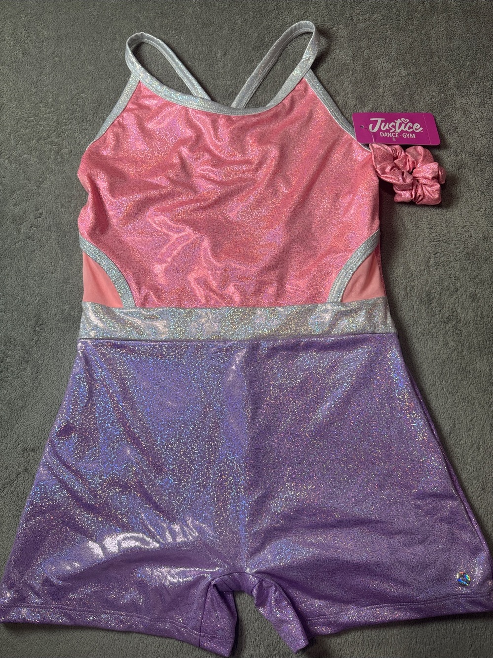 Justice Pink & Purple Sparkle Dance Unitard with Scrunchie